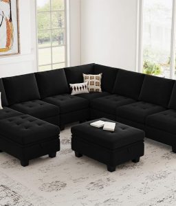 Belffin Modular Sectional Sofa U Shaped Sectional Couch with Storage Ottoman Velvet 9-Seater Convertible Sectional Sofa with Chaises Black