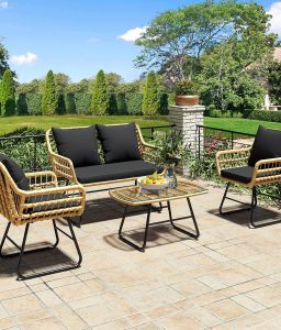 YITAHOME 4-Piece Patio Furniture Wicker Outdoor Bistro Set, All-Weather Rattan Conversation Loveseat Chairs for Backyard, Balcony and Deck with Soft Cushions and Metal Table (Light Brown+Black)