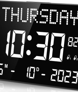 YORTOT 11.2" Large Digital Calendar Clock with Day and Date - Remote Control, 4 Alarms & 8 Sounds, LED Digital Wall Clock with Loud Volume for Seniors, Dementia, Adjustable Dimmer | Temperature| DST